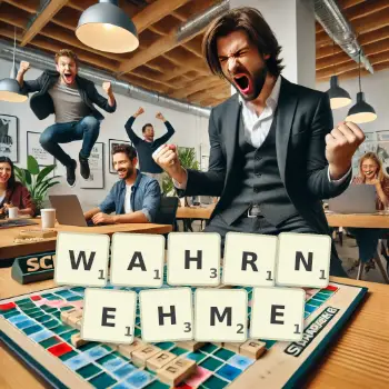 Kreative Illustration für ein Scrabble-Spiel, bei dem das Wort WAHRNEHME mit Steinen auf dem Brett gelegt wurde.