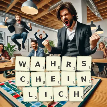 Kreative Illustration für ein Scrabble-Spiel, bei dem das Wort WAHRSCHEINLICH mit Steinen auf dem Brett gelegt wurde.