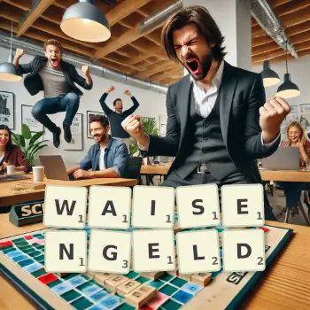 Kreative Illustration für ein Scrabble-Spiel, bei dem das Wort WAISENGELD mit Steinen auf dem Brett gelegt wurde.