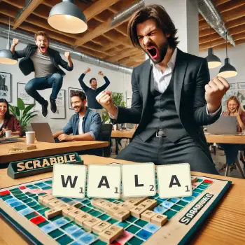Kreative Illustration für ein Scrabble-Spiel, bei dem das Wort WALA mit Steinen auf dem Brett gelegt wurde.