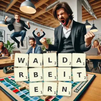 Kreative Illustration für ein Scrabble-Spiel, bei dem das Wort WALDARBEITERN mit Steinen auf dem Brett gelegt wurde.