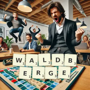 Kreative Illustration für ein Scrabble-Spiel, bei dem das Wort WALDBERGE mit Steinen auf dem Brett gelegt wurde.