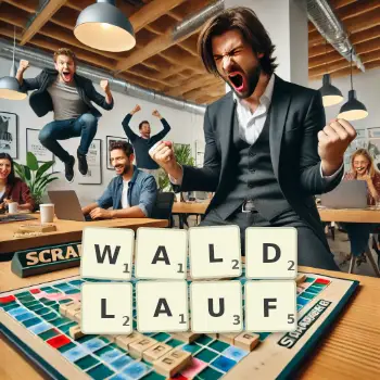 Kreative Illustration für ein Scrabble-Spiel, bei dem das Wort WALDLAUF mit Steinen auf dem Brett gelegt wurde.