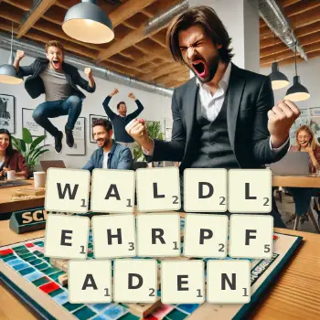 Kreative Illustration für ein Scrabble-Spiel, bei dem das Wort WALDLEHRPFADEN mit Steinen auf dem Brett gelegt wurde.