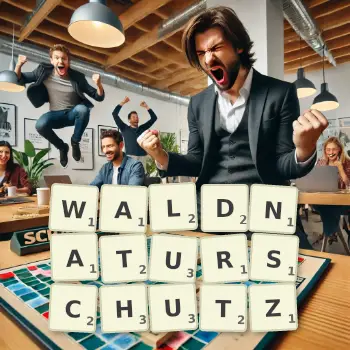 Kreative Illustration für ein Scrabble-Spiel, bei dem das Wort WALDNATURSCHUTZ mit Steinen auf dem Brett gelegt wurde.