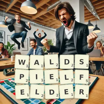 Kreative Illustration für ein Scrabble-Spiel, bei dem das Wort WALDSPIELFELDER mit Steinen auf dem Brett gelegt wurde.