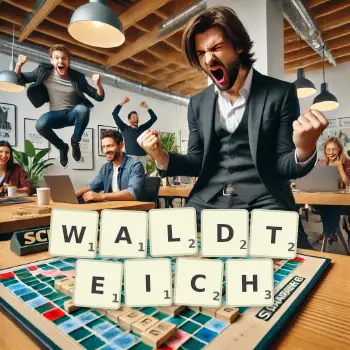 Kreative Illustration für ein Scrabble-Spiel, bei dem das Wort WALDTEICH mit Steinen auf dem Brett gelegt wurde.