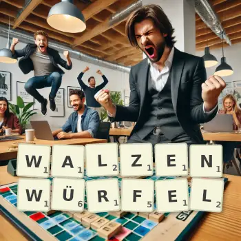 Kreative Illustration für ein Scrabble-Spiel, bei dem das Wort WALZENWÜRFEL mit Steinen auf dem Brett gelegt wurde.