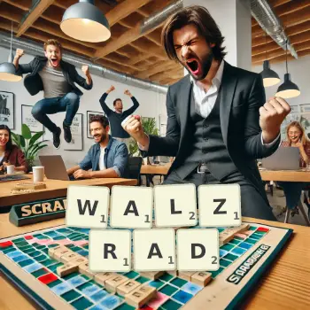 Kreative Illustration für ein Scrabble-Spiel, bei dem das Wort WALZRAD mit Steinen auf dem Brett gelegt wurde.