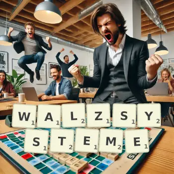 Kreative Illustration für ein Scrabble-Spiel, bei dem das Wort WALZSYSTEME mit Steinen auf dem Brett gelegt wurde.