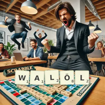 Kreative Illustration für ein Scrabble-Spiel, bei dem das Wort WALÖL mit Steinen auf dem Brett gelegt wurde.