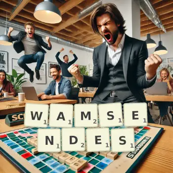 Kreative Illustration für ein Scrabble-Spiel, bei dem das Wort WAMSENDES mit Steinen auf dem Brett gelegt wurde.