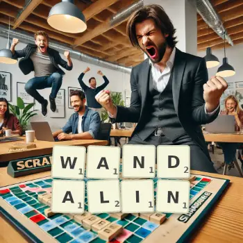 Kreative Illustration für ein Scrabble-Spiel, bei dem das Wort WANDALIN mit Steinen auf dem Brett gelegt wurde.