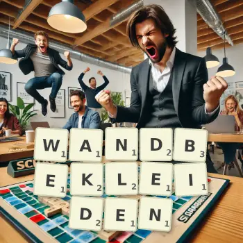 Kreative Illustration für ein Scrabble-Spiel, bei dem das Wort WANDBEKLEIDEN mit Steinen auf dem Brett gelegt wurde.