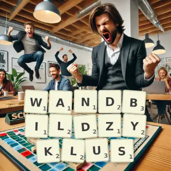 Kreative Illustration für ein Scrabble-Spiel, bei dem das Wort WANDBILDZYKLUS mit Steinen auf dem Brett gelegt wurde.