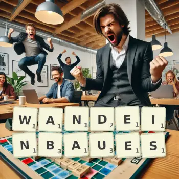 Kreative Illustration für ein Scrabble-Spiel, bei dem das Wort WANDEINBAUES mit Steinen auf dem Brett gelegt wurde.