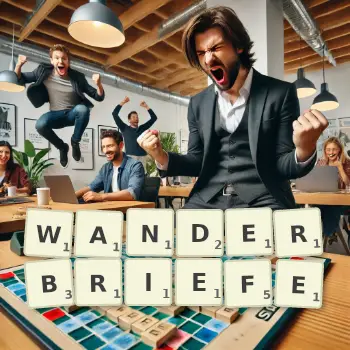 Kreative Illustration für ein Scrabble-Spiel, bei dem das Wort WANDERBRIEFE mit Steinen auf dem Brett gelegt wurde.