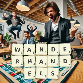 Kreative Illustration für ein Scrabble-Spiel, bei dem das Wort WANDERHANDELS mit Steinen auf dem Brett gelegt wurde.