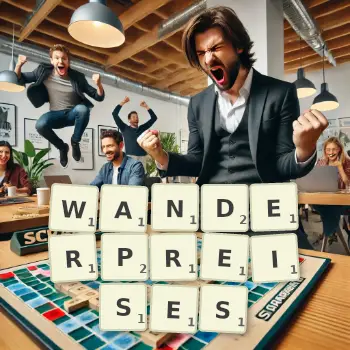 Kreative Illustration für ein Scrabble-Spiel, bei dem das Wort WANDERPREISES mit Steinen auf dem Brett gelegt wurde.