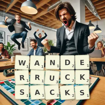 Kreative Illustration für ein Scrabble-Spiel, bei dem das Wort WANDERRUCKSACKS mit Steinen auf dem Brett gelegt wurde.