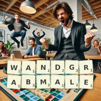 Kreative Illustration für ein Scrabble-Spiel, bei dem das Wort WANDGRABMALE mit Steinen auf dem Brett gelegt wurde.