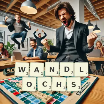 Kreative Illustration für ein Scrabble-Spiel, bei dem das Wort WANDLOCHS mit Steinen auf dem Brett gelegt wurde.