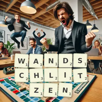 Kreative Illustration für ein Scrabble-Spiel, bei dem das Wort WANDSCHLITZEN mit Steinen auf dem Brett gelegt wurde.