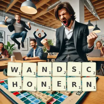 Kreative Illustration für ein Scrabble-Spiel, bei dem das Wort WANDSCHONERN mit Steinen auf dem Brett gelegt wurde.