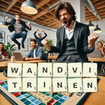 Kreative Illustration für ein Scrabble-Spiel, bei dem das Wort WANDVITRINEN mit Steinen auf dem Brett gelegt wurde.