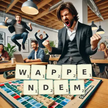 Kreative Illustration für ein Scrabble-Spiel, bei dem das Wort WAPPENDEM mit Steinen auf dem Brett gelegt wurde.