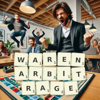 Kreative Illustration für ein Scrabble-Spiel, bei dem das Wort WARENARBITRAGE mit Steinen auf dem Brett gelegt wurde.