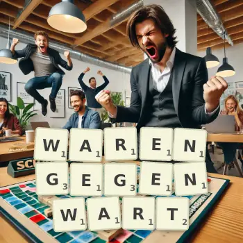 Kreative Illustration für ein Scrabble-Spiel, bei dem das Wort WARENGEGENWART mit Steinen auf dem Brett gelegt wurde.