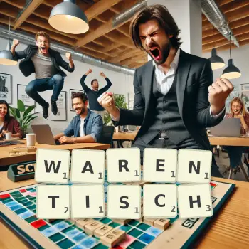 Kreative Illustration für ein Scrabble-Spiel, bei dem das Wort WARENTISCH mit Steinen auf dem Brett gelegt wurde.