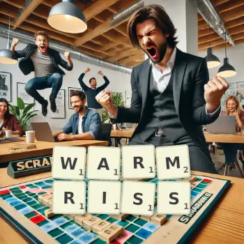 Kreative Illustration für ein Scrabble-Spiel, bei dem das Wort WARMRISS mit Steinen auf dem Brett gelegt wurde.