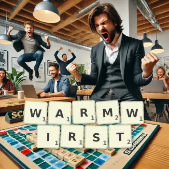 Kreative Illustration für ein Scrabble-Spiel, bei dem das Wort WARMWIRST mit Steinen auf dem Brett gelegt wurde.