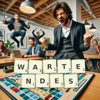 Kreative Illustration für ein Scrabble-Spiel, bei dem das Wort WARTENDES mit Steinen auf dem Brett gelegt wurde.