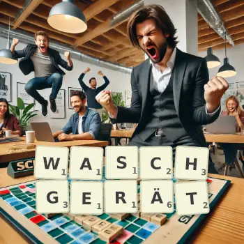 Kreative Illustration für ein Scrabble-Spiel, bei dem das Wort WASCHGERÄT mit Steinen auf dem Brett gelegt wurde.