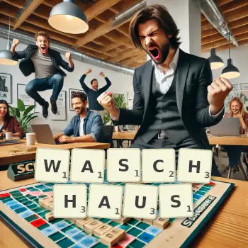 Kreative Illustration für ein Scrabble-Spiel, bei dem das Wort WASCHHAUS mit Steinen auf dem Brett gelegt wurde.