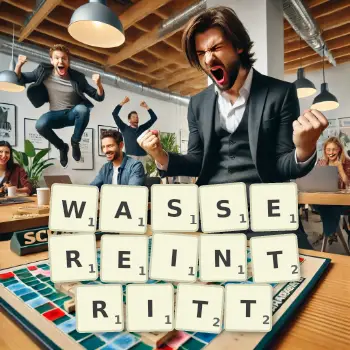 Kreative Illustration für ein Scrabble-Spiel, bei dem das Wort WASSEREINTRITT mit Steinen auf dem Brett gelegt wurde.