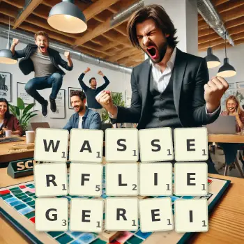Kreative Illustration für ein Scrabble-Spiel, bei dem das Wort WASSERFLIEGEREI mit Steinen auf dem Brett gelegt wurde.