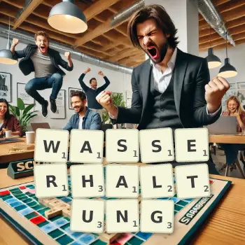 Kreative Illustration für ein Scrabble-Spiel, bei dem das Wort WASSERHALTUNG mit Steinen auf dem Brett gelegt wurde.