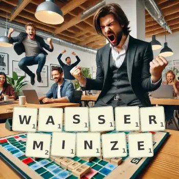 Kreative Illustration für ein Scrabble-Spiel, bei dem das Wort WASSERMINZE mit Steinen auf dem Brett gelegt wurde.
