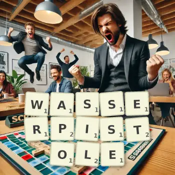 Kreative Illustration für ein Scrabble-Spiel, bei dem das Wort WASSERPISTOLE mit Steinen auf dem Brett gelegt wurde.