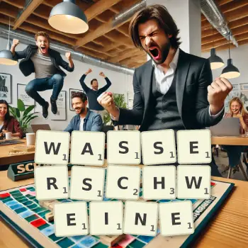 Kreative Illustration für ein Scrabble-Spiel, bei dem das Wort WASSERSCHWEINE mit Steinen auf dem Brett gelegt wurde.