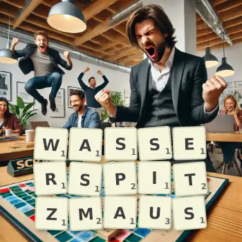 Kreative Illustration für ein Scrabble-Spiel, bei dem das Wort WASSERSPITZMAUS mit Steinen auf dem Brett gelegt wurde.
