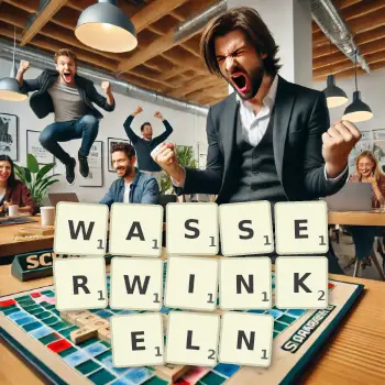 Kreative Illustration für ein Scrabble-Spiel, bei dem das Wort WASSERWINKELN mit Steinen auf dem Brett gelegt wurde.