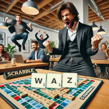 Kreative Illustration für ein Scrabble-Spiel, bei dem das Wort WAZ mit Steinen auf dem Brett gelegt wurde.