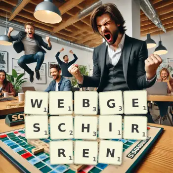 Kreative Illustration für ein Scrabble-Spiel, bei dem das Wort WEBGESCHIRREN mit Steinen auf dem Brett gelegt wurde.