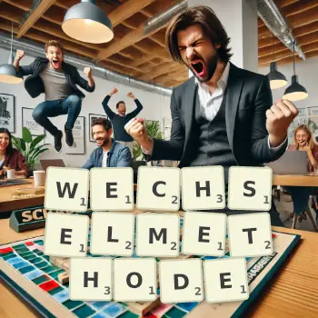 Kreative Illustration für ein Scrabble-Spiel, bei dem das Wort WECHSELMETHODE mit Steinen auf dem Brett gelegt wurde.
