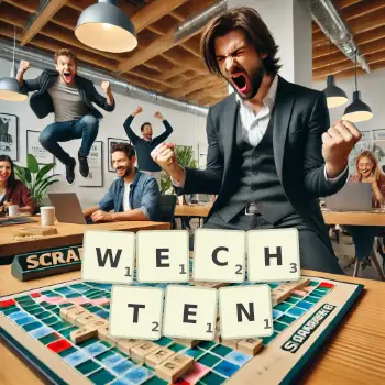 Kreative Illustration für ein Scrabble-Spiel, bei dem das Wort WECHTEN mit Steinen auf dem Brett gelegt wurde.